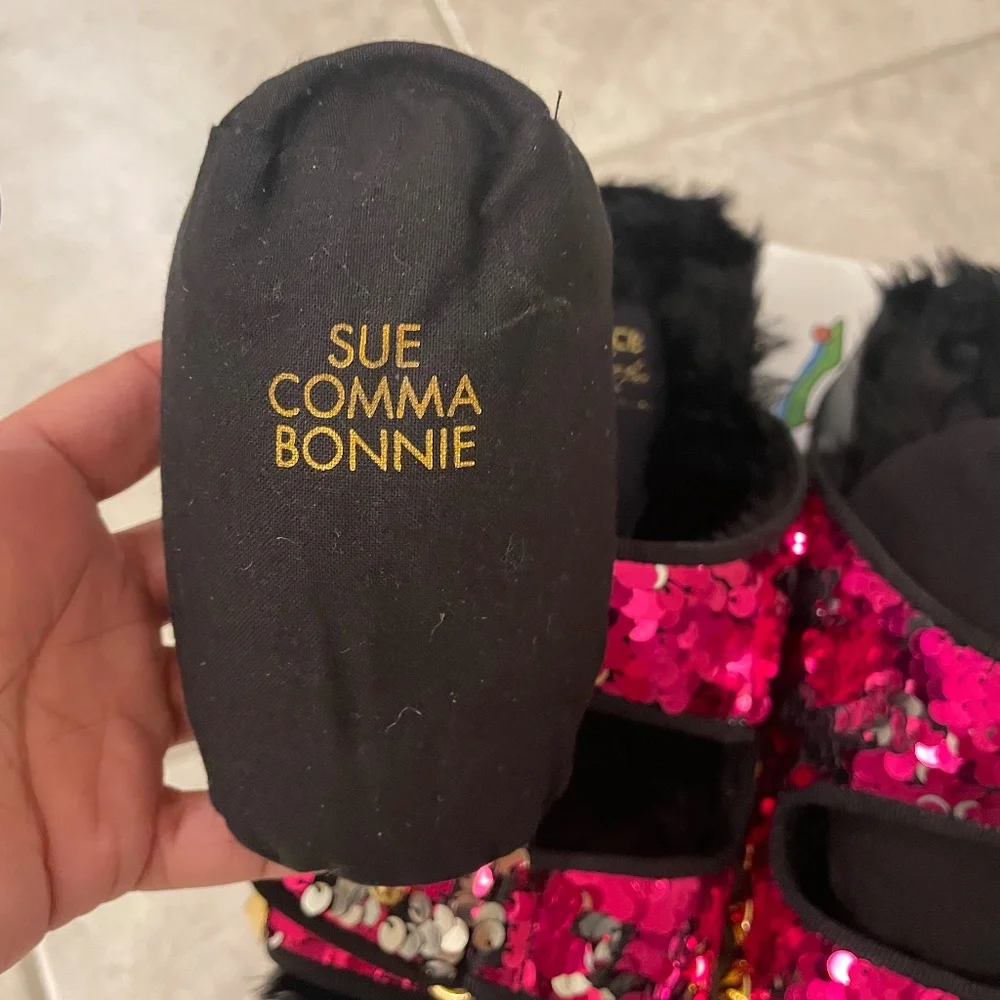 SUECOMMA BONNIE SCB Collection Pink/Silver Sequin Faux Fur Slide Size 38